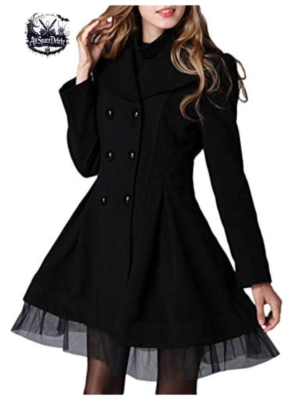 Wool Blend Double Breasted Long Winter Pea Coat with Sheer Mesh Hem